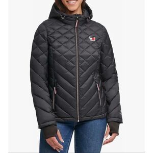 Tommy Hilfiger Women’s Medium Zip Up Quilted Jacket Black Hooded Packable
